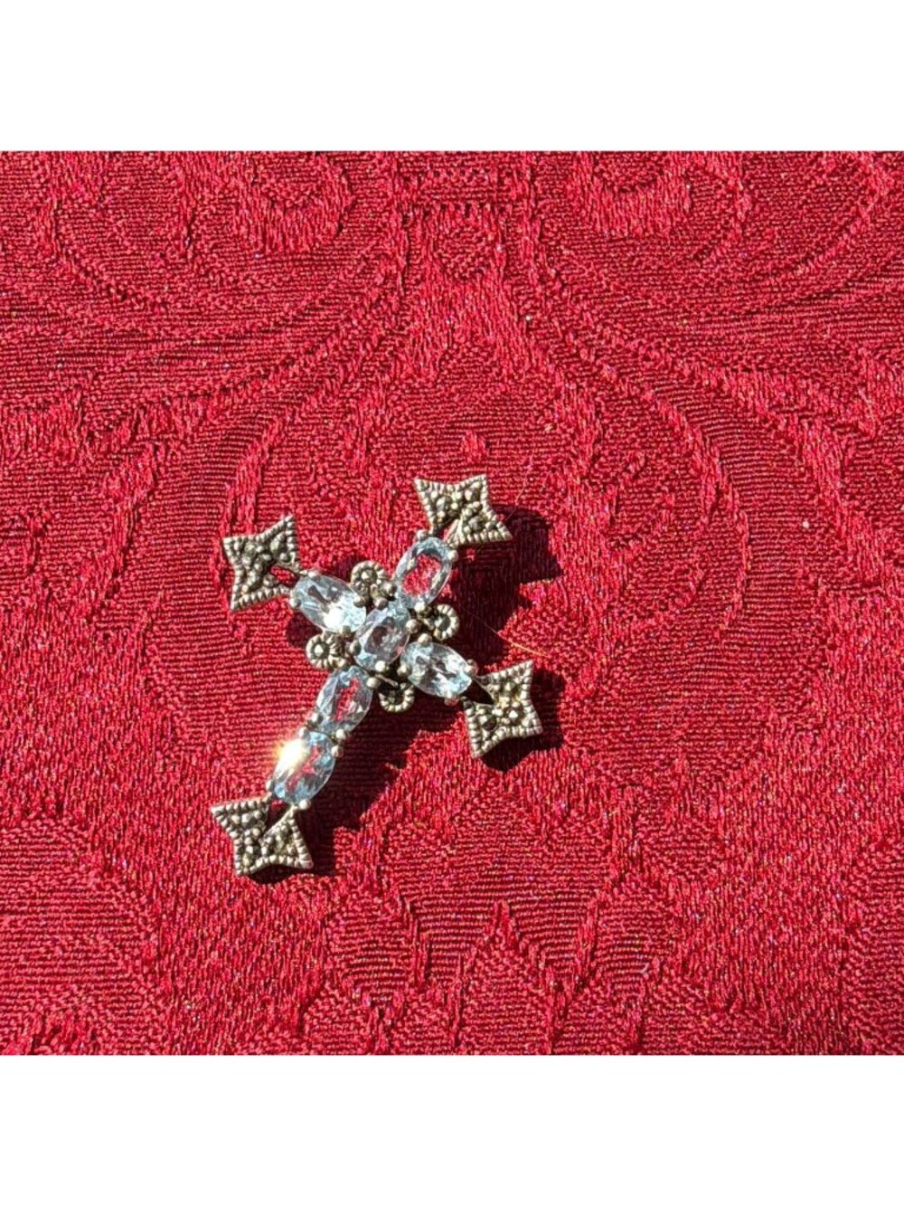 Vintage 925 Sterling Silver Blue Topaz Marcasite Cross Pendant Maltese Charm